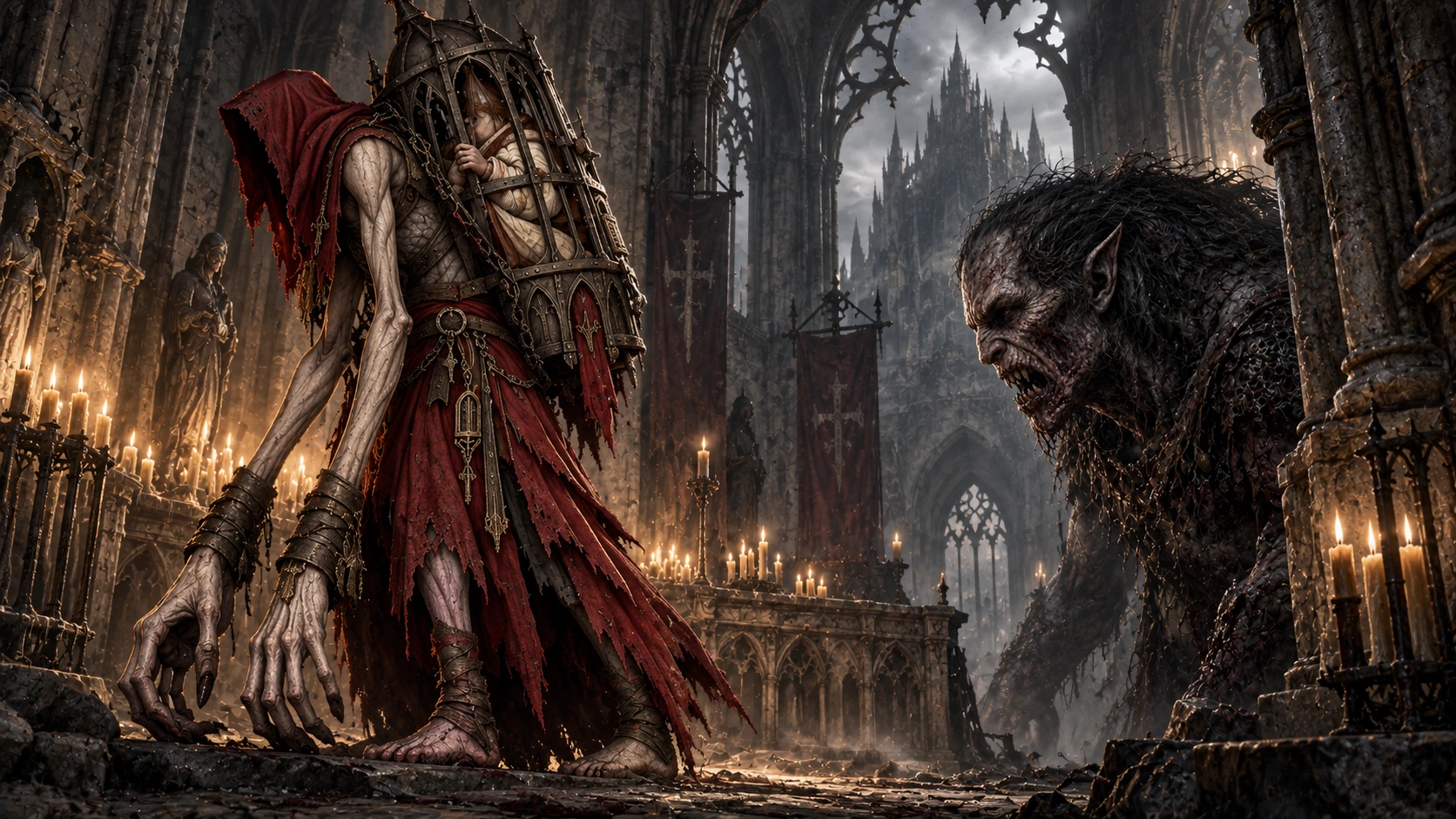 Explore original artwork of the crimson caged giant and a bestial creature